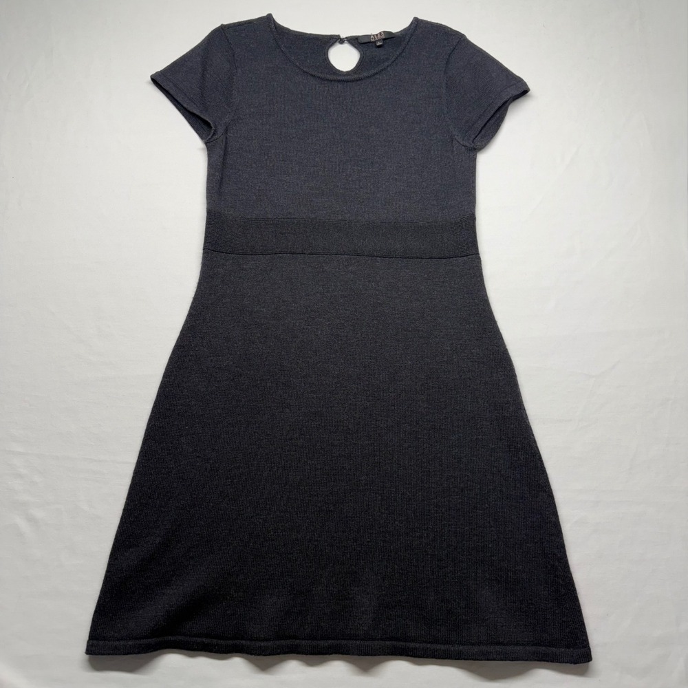 Alex Marie Merino Wool Dress L Charcoal Gray A Line Knit Short Sleeve Keyhole
